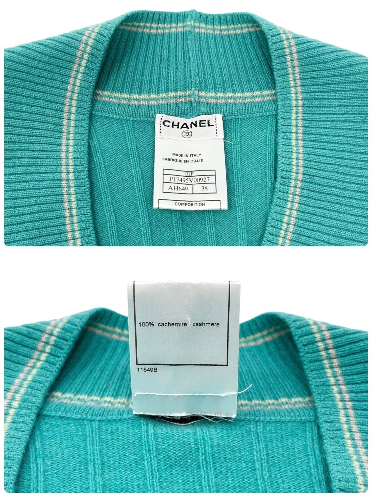 CHANEL Vintage 01P CC Logo Sweater Rib Top #38 Green Gold Cashmere RankAB