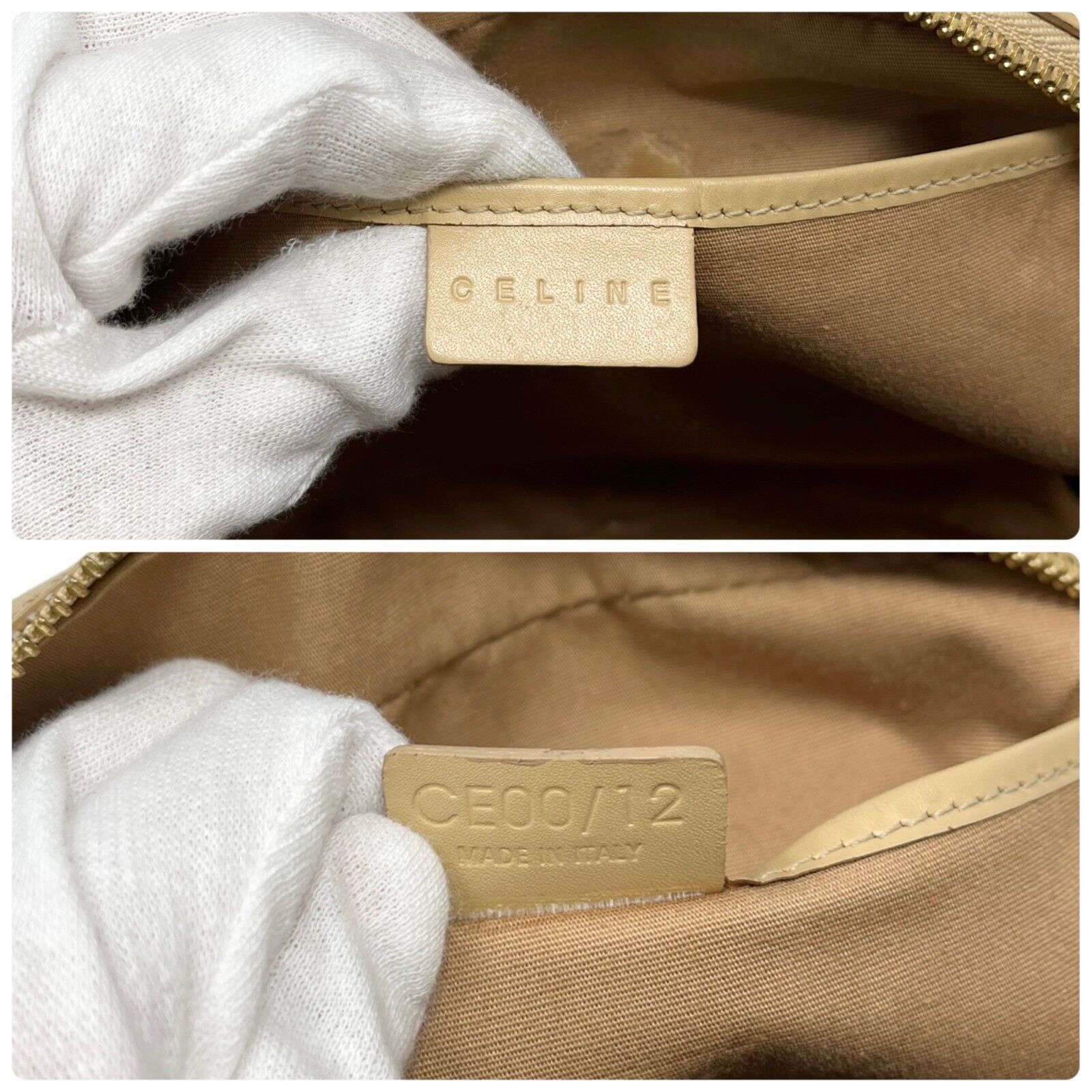 CELINE Vintage Monogram Logo Handbag Zip Beige Gold Leather Rank AB
