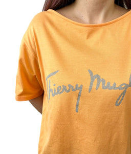 Thierry Mugler Vintage Big Logo T-shirt #M Top Orange Silver Cotton Rank AB