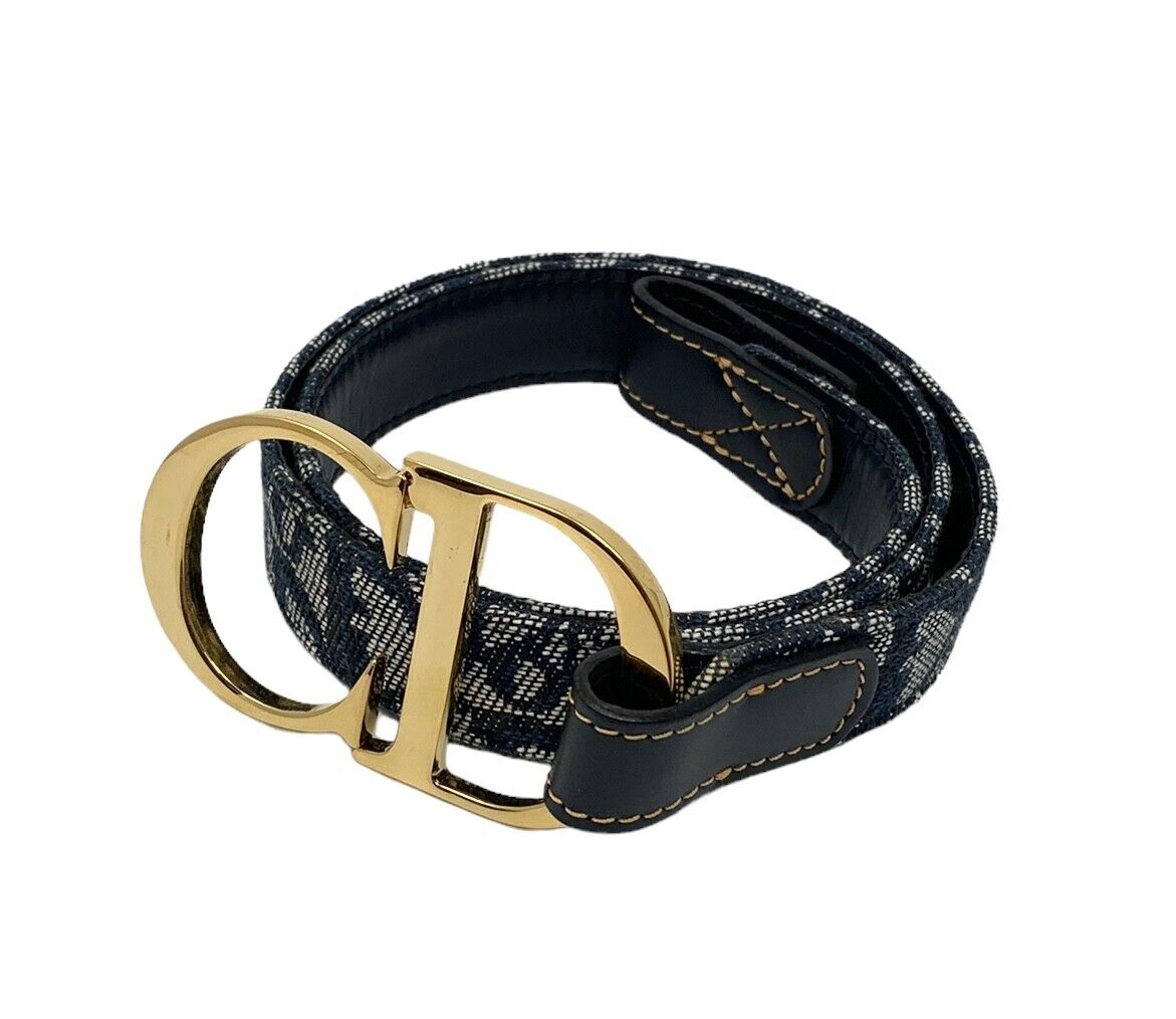 Christian Dior Vintage Trotter Monogram Logo Belt #75 Blue Gold Cotton Rank AB