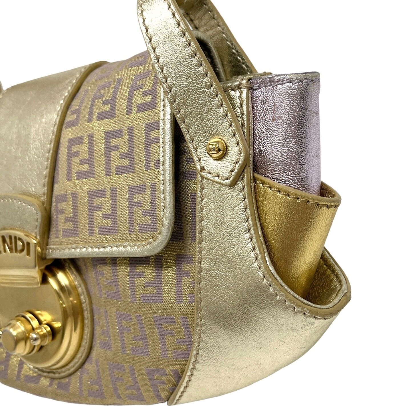 FENDI Vintage Zucchino Monogram Pochette Mini Bag Gold Cotton Blend Rank AB