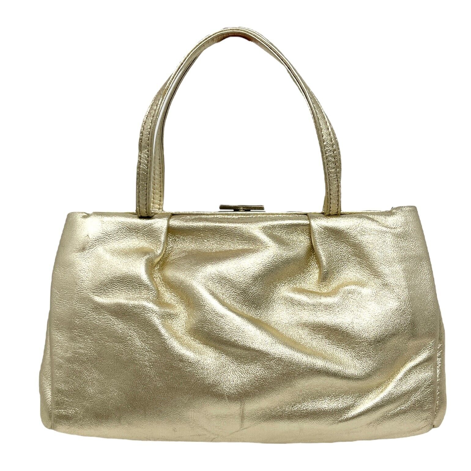 PRADA Vintage Logo Pochette Mini Handbag Gold Silver Leather Rank AB