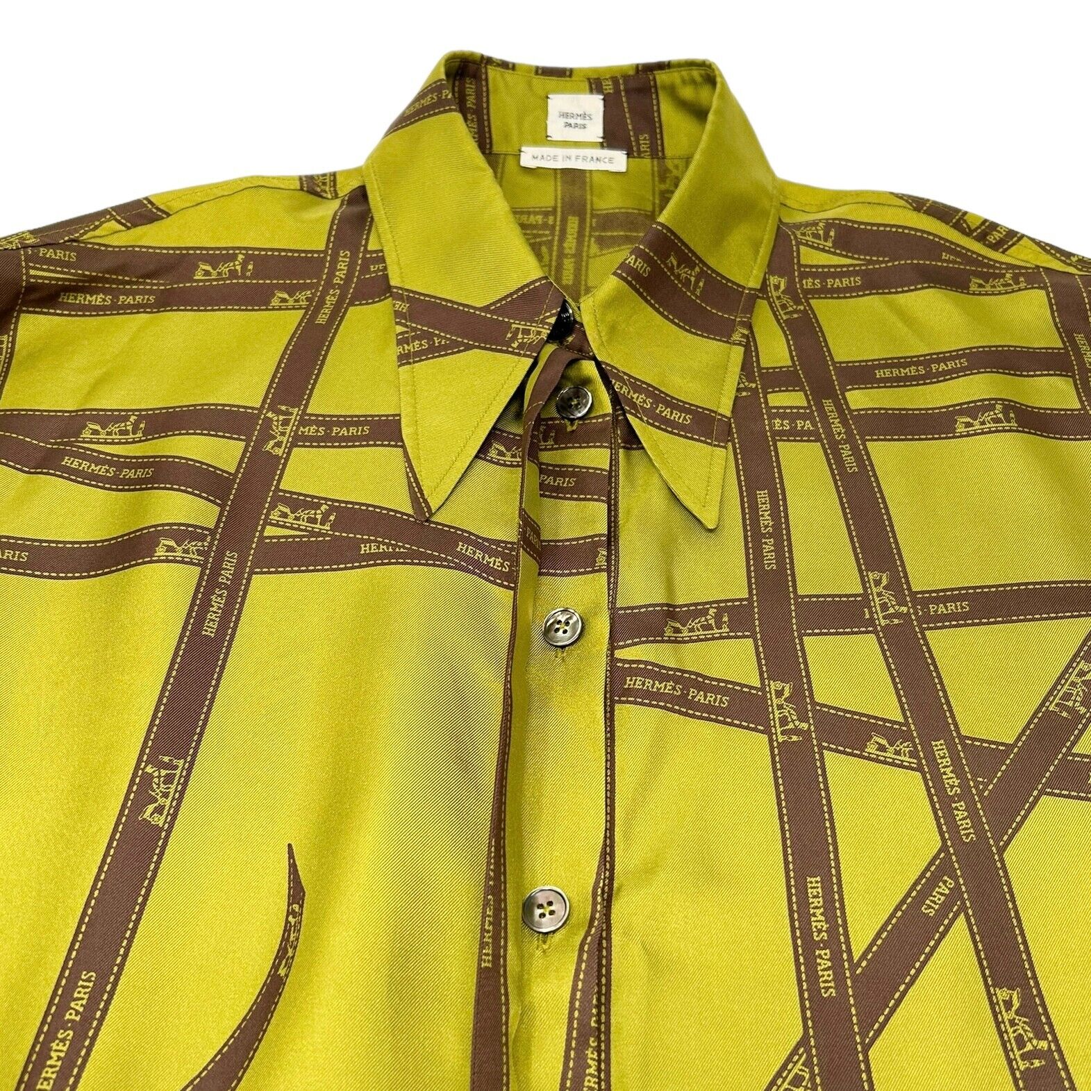 HERMES Vintage Logo Long Sleeve Shirts #40 Bolduc Green Brown Silk Button RankAB