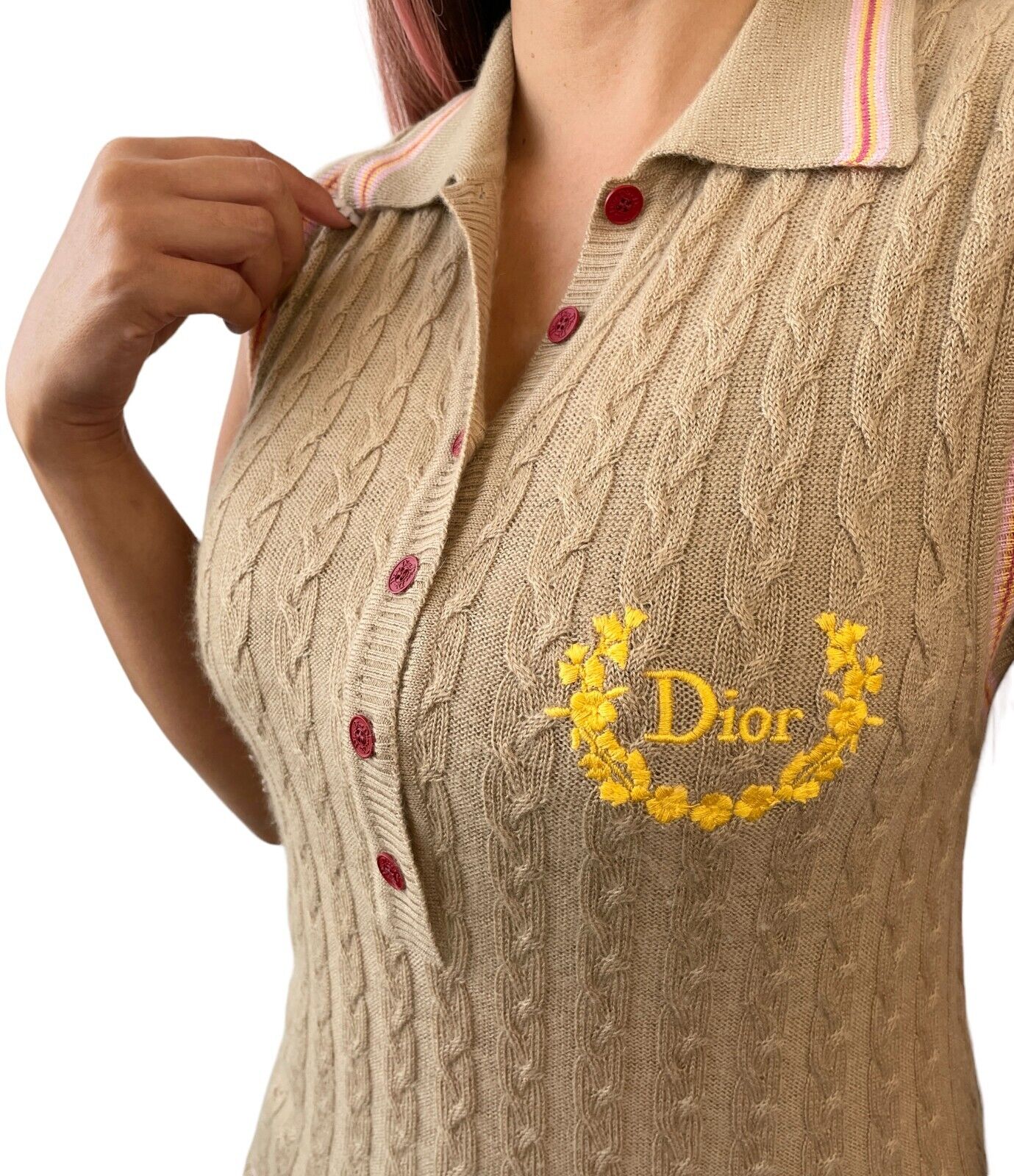 Christian Dior Vintage Logo Knit Polo Shirt #40 Beige Cashmere Button RankAB