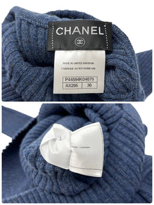 CHANEL Vintage P44594 CC Mark Logo Rib Knit Top #36 Turtleneck Dark Blue RankA