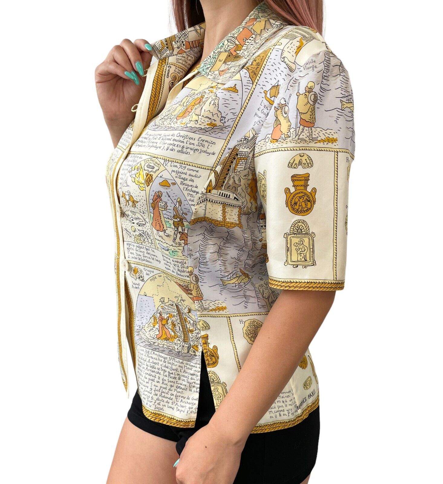 HERMES Vintage Mont Saint Michel Button Shirt #38 Logo Cream Beige Silk Rank AB+