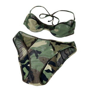 Christian Dior Vintage Logo Swimwear Bikini #38 Green Nylon Camouflage RankAB