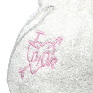 Dior Vintage Logo Drawstring Bag Terry Cloth White Heart Pink Cotton Rank AB