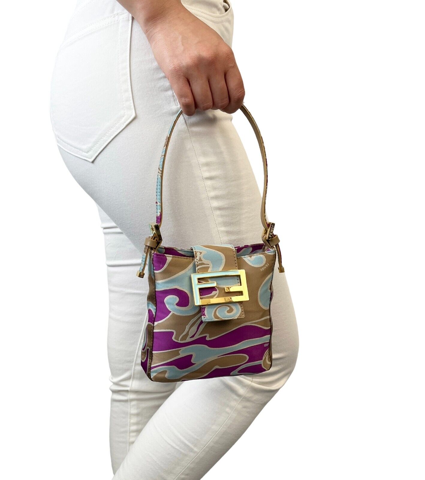 FENDI Vintage FF Logo Mini Handbag Pochette Beige Purple Nylon Rank AB+