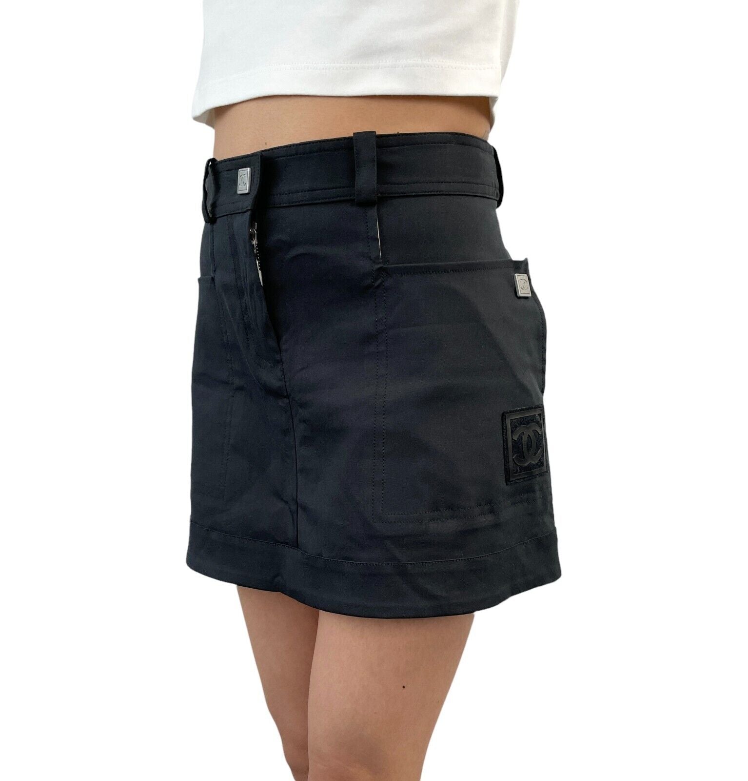 CHANEL Sport Vintage 03A CC Logo Mini Skirt #38 Black Silver Cotton RankAB