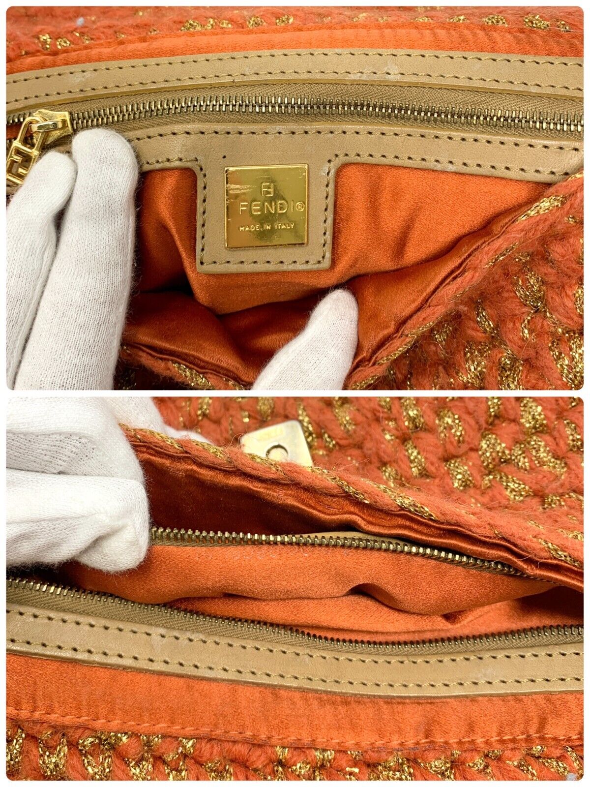 FENDI Vintage FF Logo Knit Mamma Baguette Shoulder Bag Orange Wool Rank AB