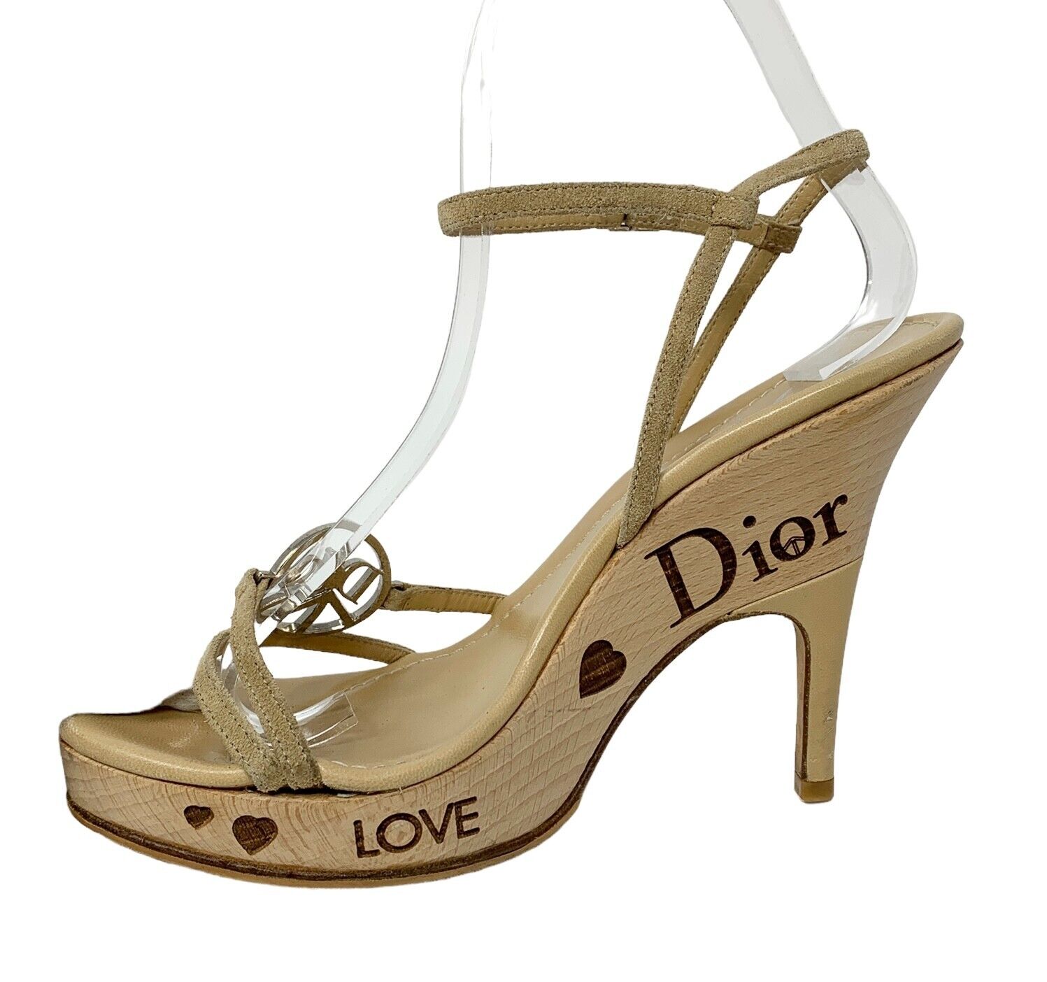 Dior Vintage Logo Strap Sandals #37 US 6.5 Heels Beige Suede Wood Rank AB