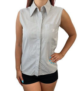 CHANEL Vintage 99P CC Logo Stripe Sleeveless Shirt #36 Gray Cotton Rank AB