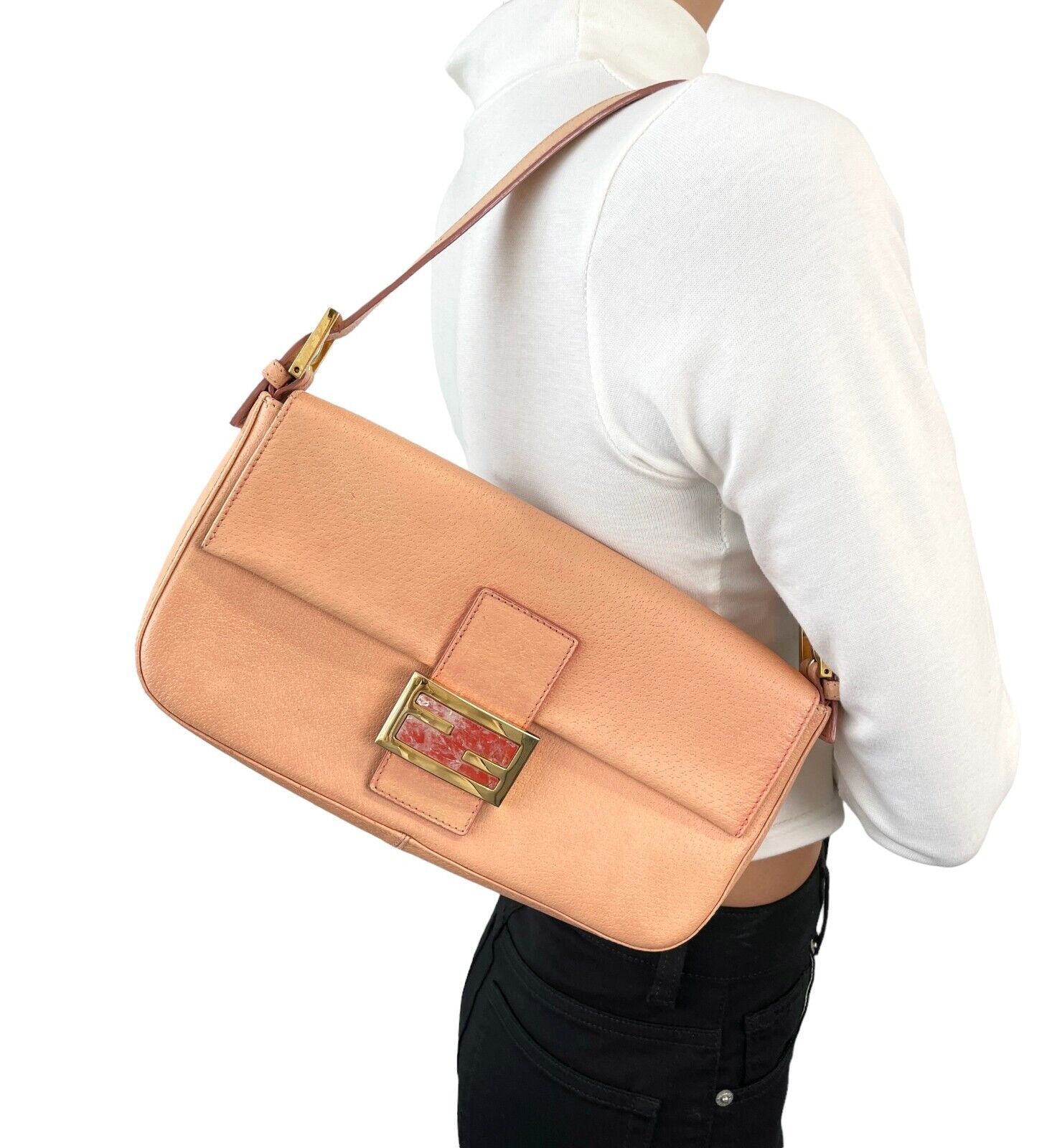 FENDI Vintage FF Logo Mamma Baguette Shoulder Bag Handbag Leather Orange RankAB