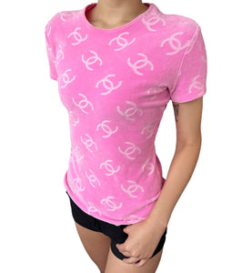 CHANEL Vintage CC Mark Logo Velour T-shirt #40 Top Pullover Pink Rank AB
