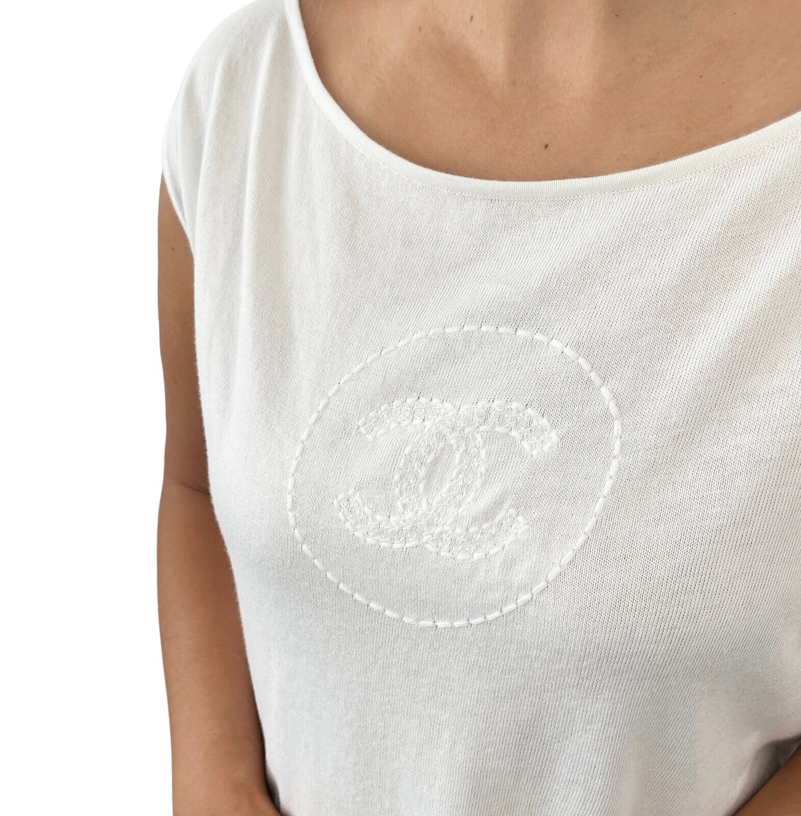 CHANEL Vintage 07P CC Mark Logo Short Sleeve Top #36 Embroidery White Rank AB
