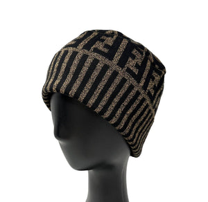FENDI Vintage Zucca Monogram Logo Beanie Hat #40 Brown Black Wool Rank AB+