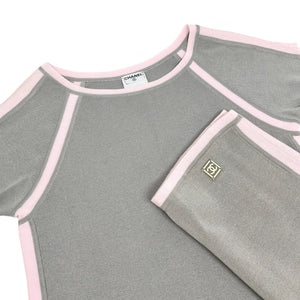 CHANEL Vintage 03P CC Mark Logo Knit Top Pants Set #38 Gray Pink Cotton Rank AB