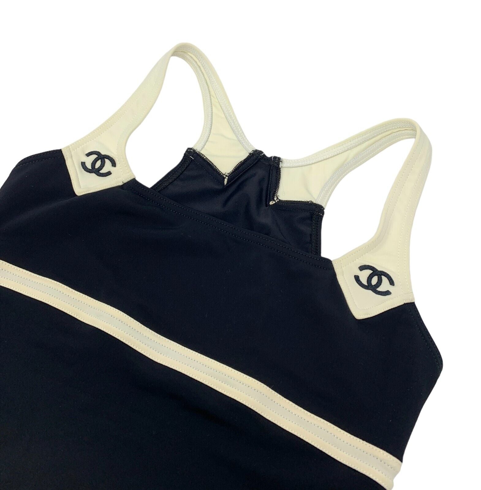 CHANEL Vintage CC Logo Swimwear Swimsuit #38 Embroidery Black Ivory Nylon RankAB