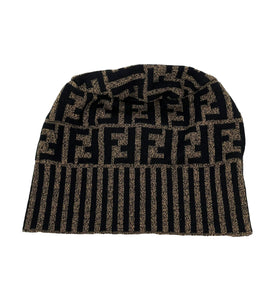 FENDI Vintage Zucca Monogram Logo Beanie Hat #40 Brown Black Wool Rank AB+