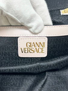 GIANNI VERSACE Vintage Logo Sun Vanity Bag Leather Pink Gold Zip Mirror RankAB