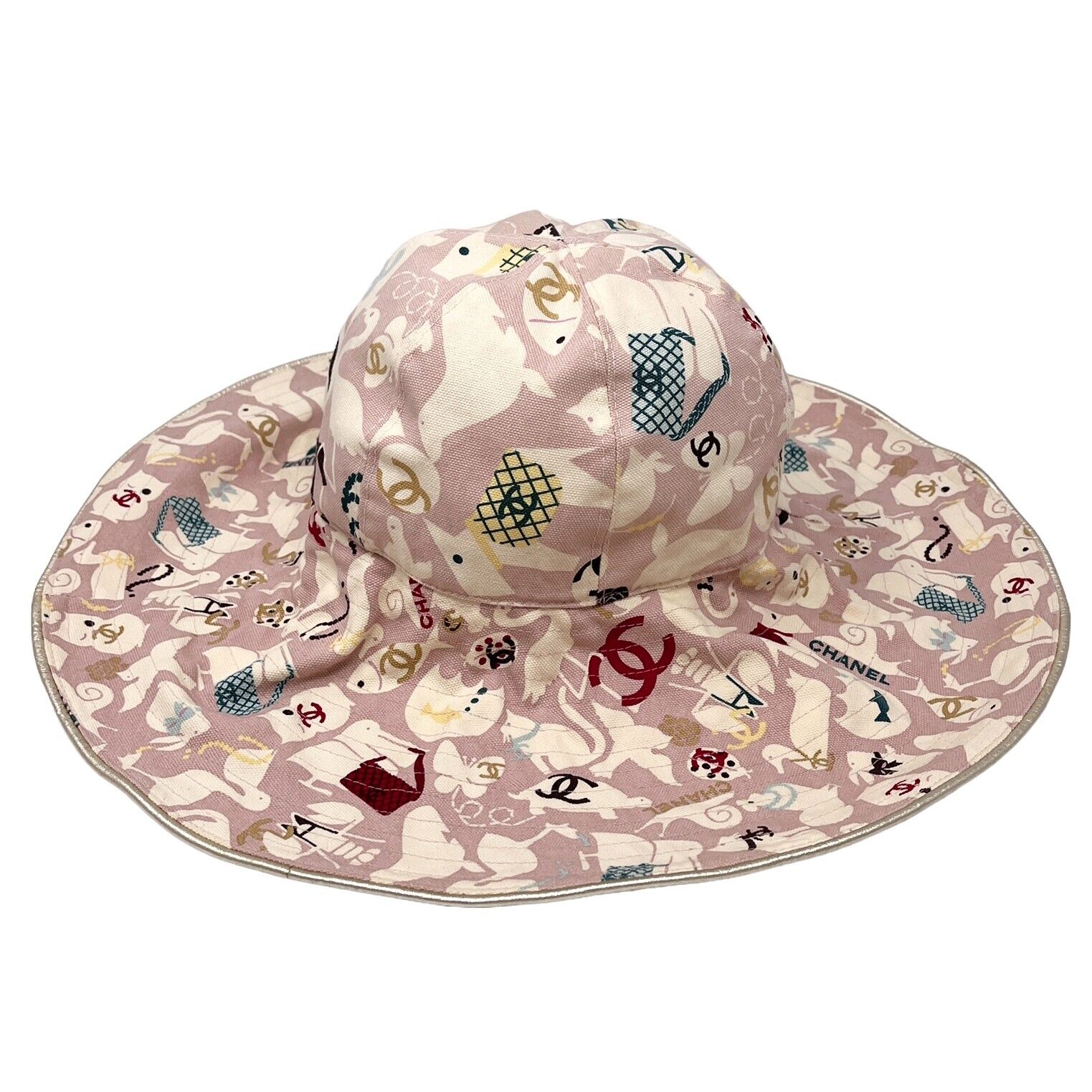 CHANEL Vintage CC Logo Bucket Hat #57 Pink Cotton Animal Accessory Rank AB