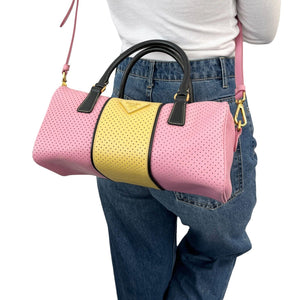 PRADA Vintage Logo Saffiano Punching Boston Bag Handbag 2Way Pink Yellow RankAB