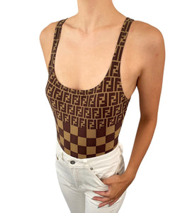 FENDI Vintage Zucca Monogram Swimsuits One-piece #42 Khaki Brown Checker RankAB+