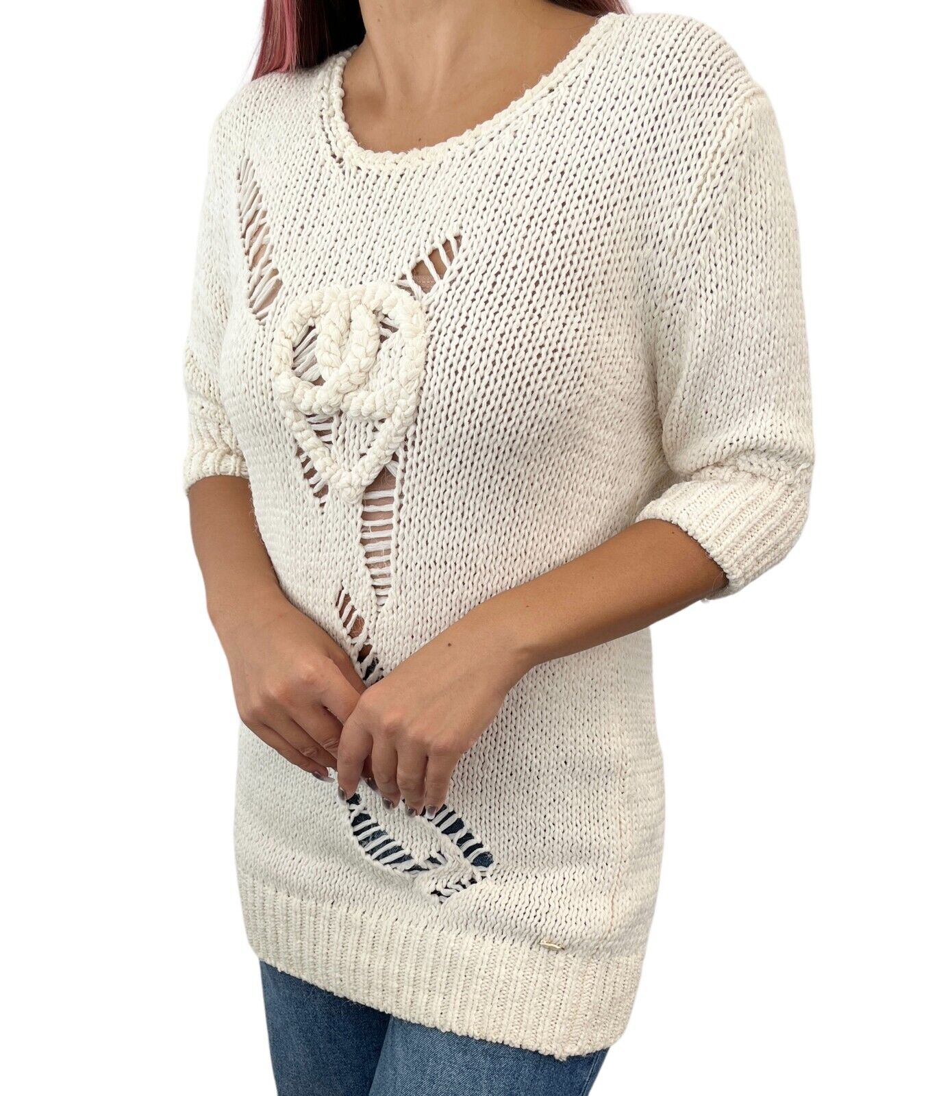 CHANEL Vintage 09C Heart CC Logo Knit Tunic #38 Sweater Top Cream Silk Rank AB