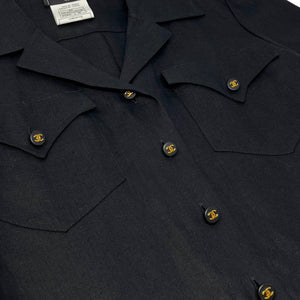 CHANEL Vintage 97P CC Mark Logo Button Shirt Top #36 Pocket Black Linen Rank AB