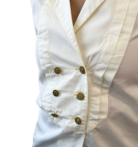 CHANEL Vintage CC Mark Logo Button Shirt Top Frill Cream Gold Cotton Rank AB
