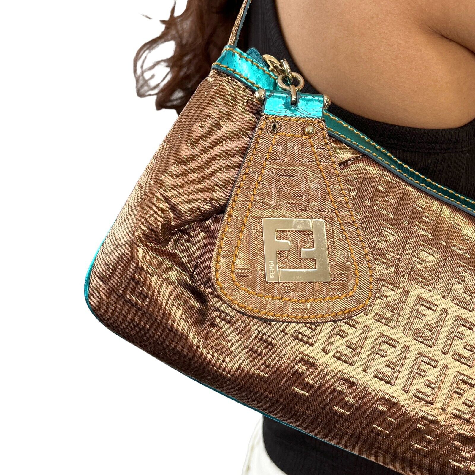 FENDI Vintage Zucchino Monogram Pochette Shoulder Bag Handbag Bronze Rank AB
