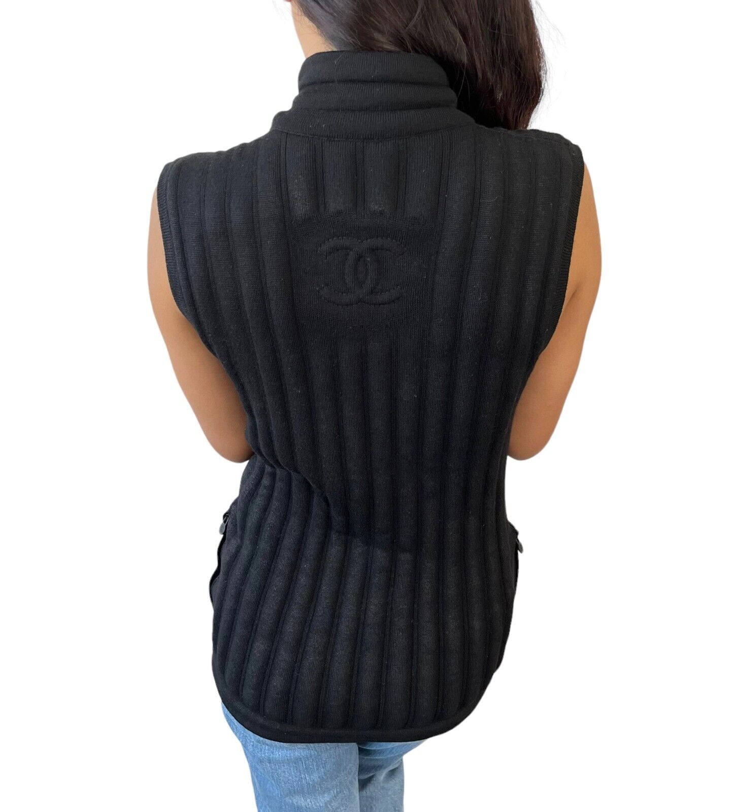 CHANEL Vintage P44560 Coco Mark Logo Zipped Vest Knit #36 Black Wool Rank AB