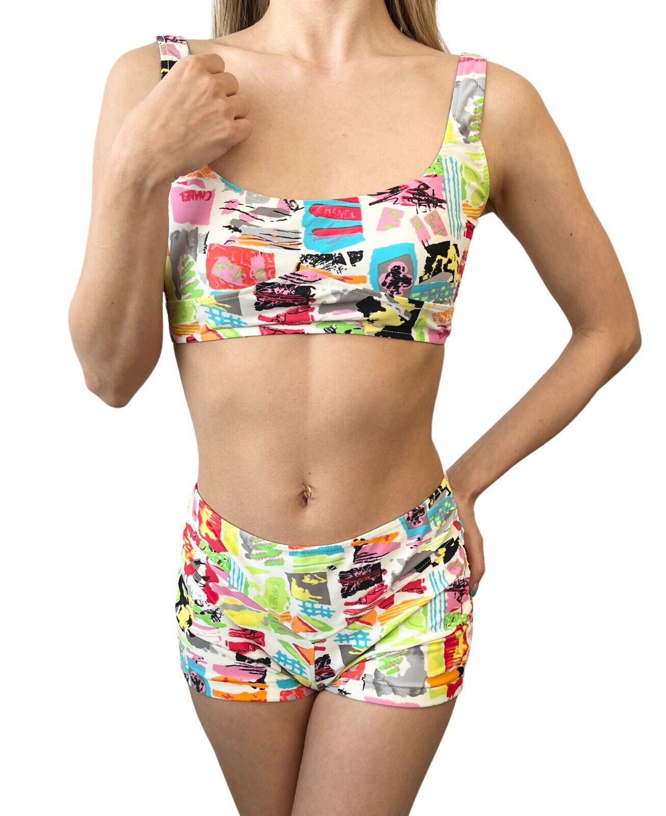 CHANEL Vintage Logo Swimwear Bikini Set #38 Swimsuit Multicolor Nylon Rank AB