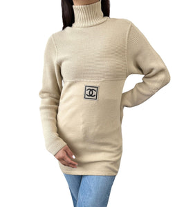 CHANEL Sport Vintage Coco Mark Logo Sweater Beige Wool High Neck RankAB