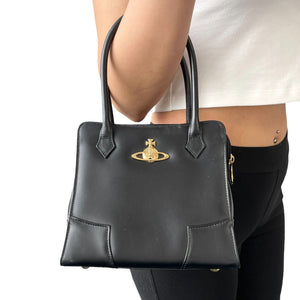 Vivienne Westwood Vintage Orb Logo Mini Bag Zip Black Gold Leather Rank AB