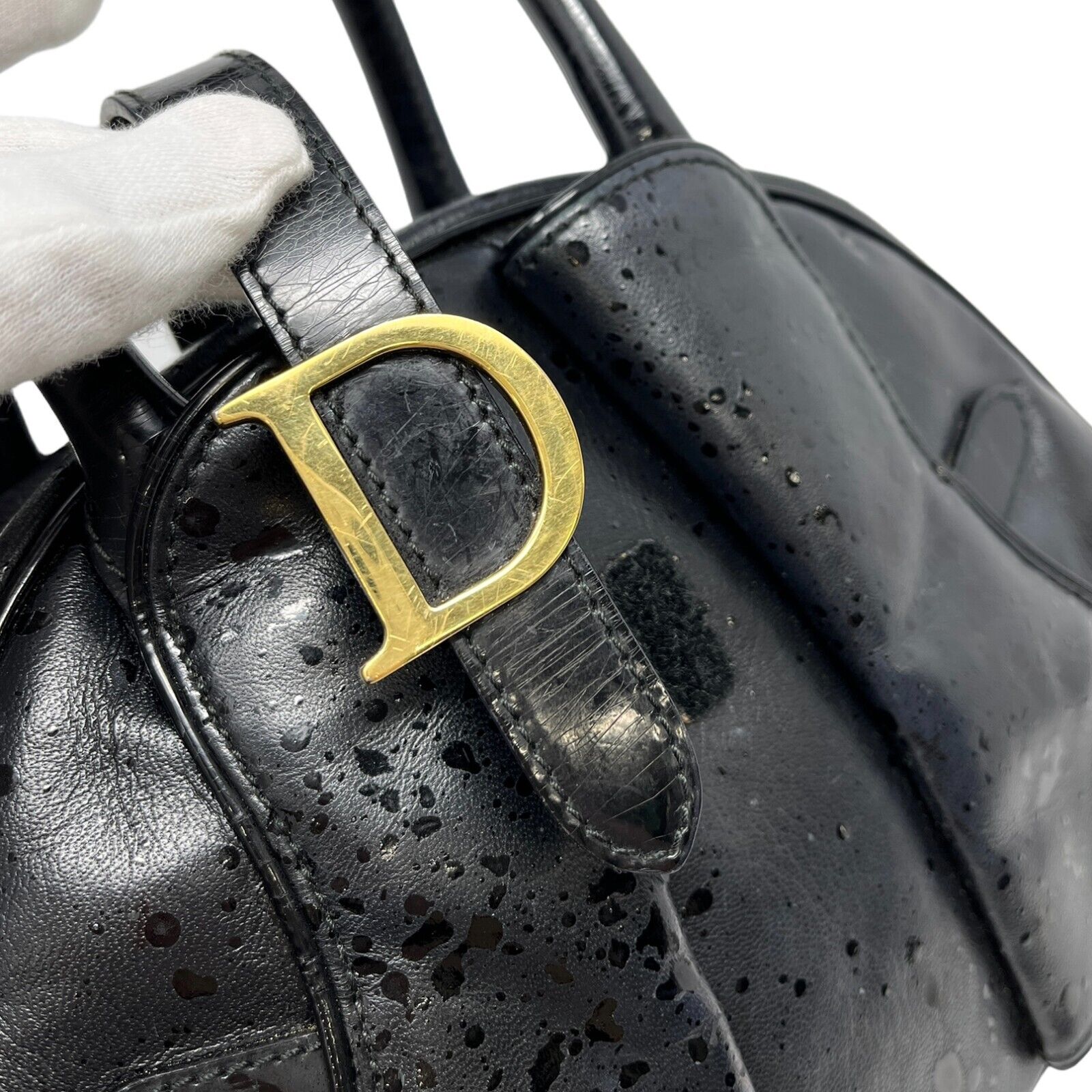 Christian Dior Vintage Logo Mini Double Saddle Bag Zip Black Leather Rank AB