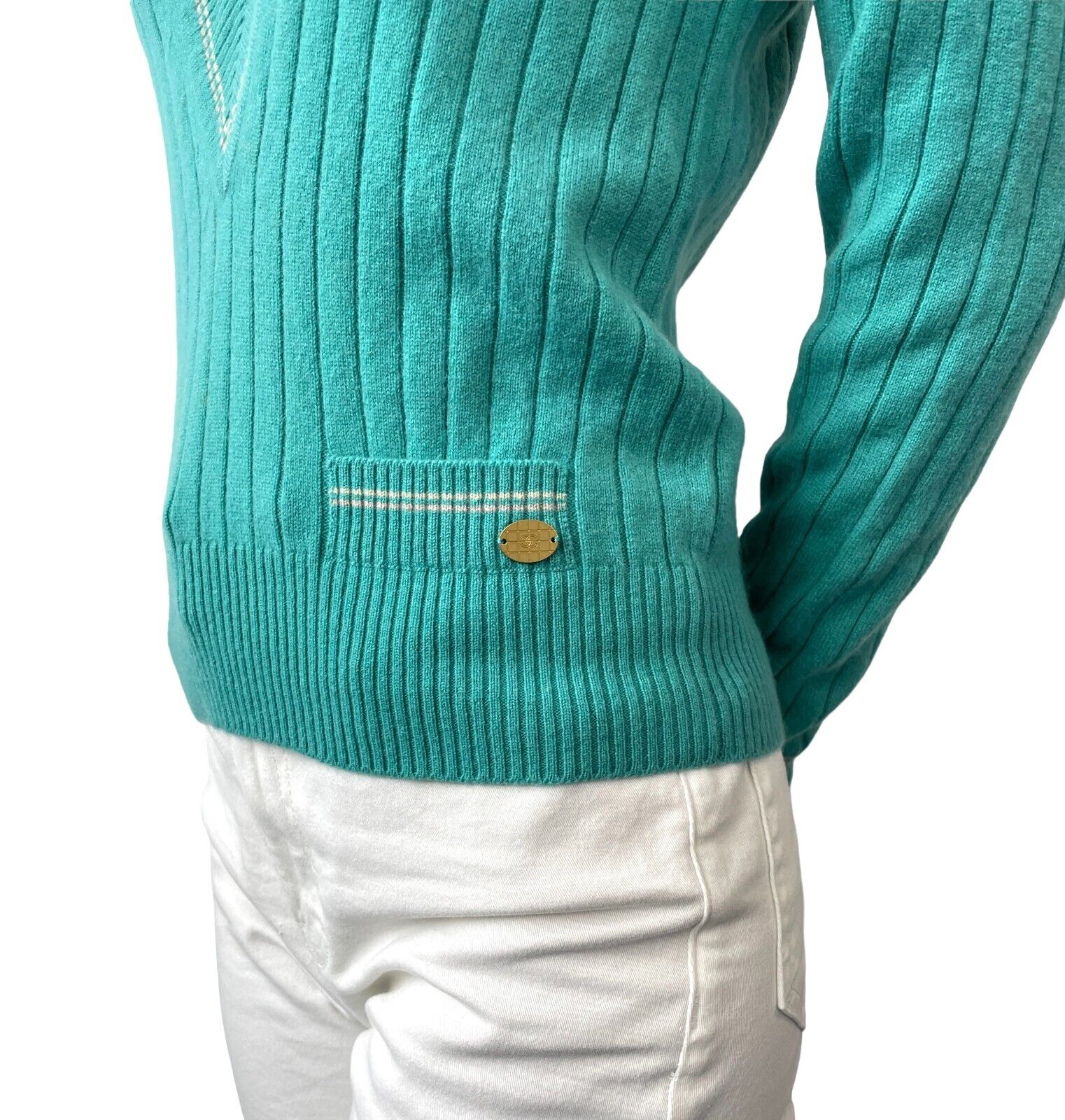 CHANEL Vintage 01P CC Logo Sweater Rib Top #38 Green Gold Cashmere RankAB