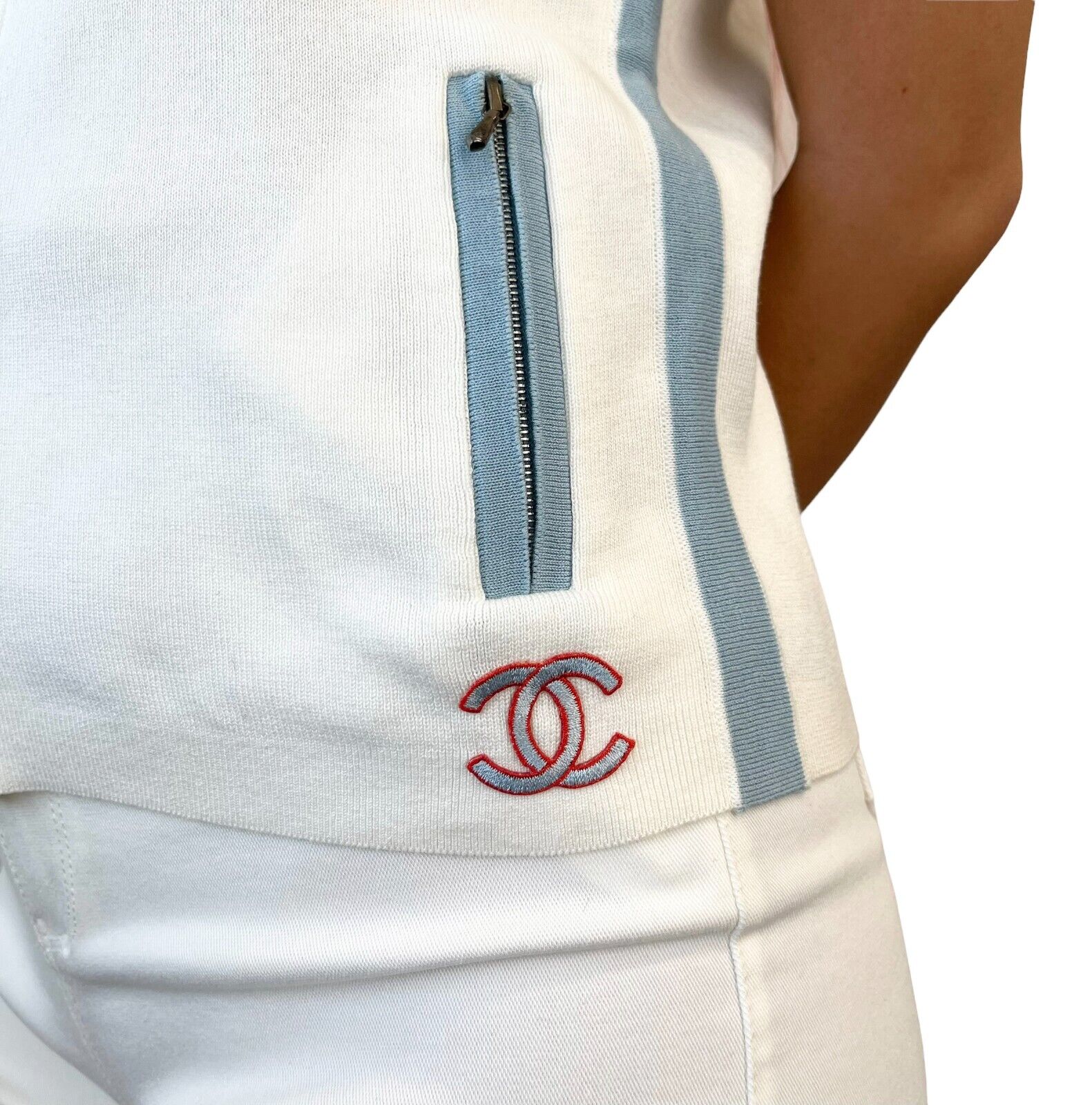 CHANEL Vintage 02S CC Logo Zipped Polo Shirt #42 Sleeveless Cotton White RankAB