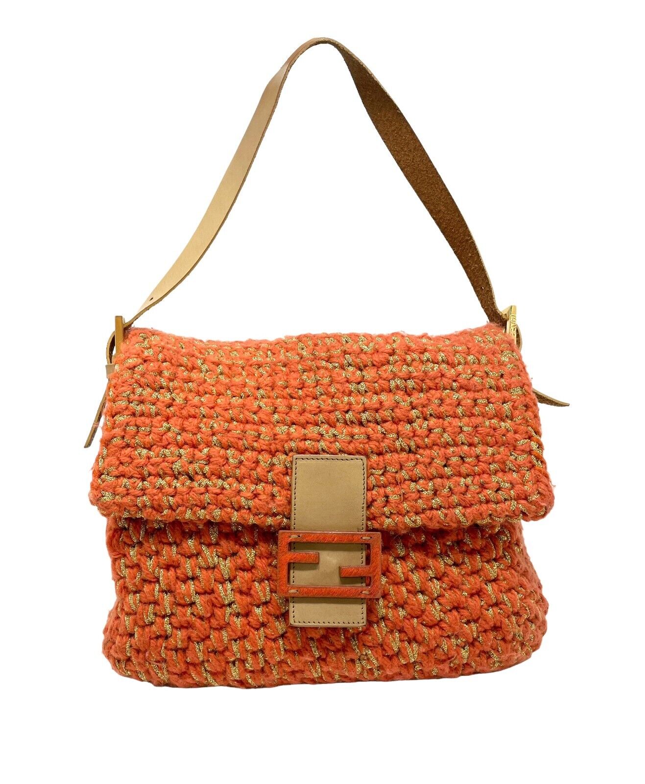 FENDI Vintage Logo Mamma Baguette Shoulder Bag Wool Leather Orange Gold RankAB
