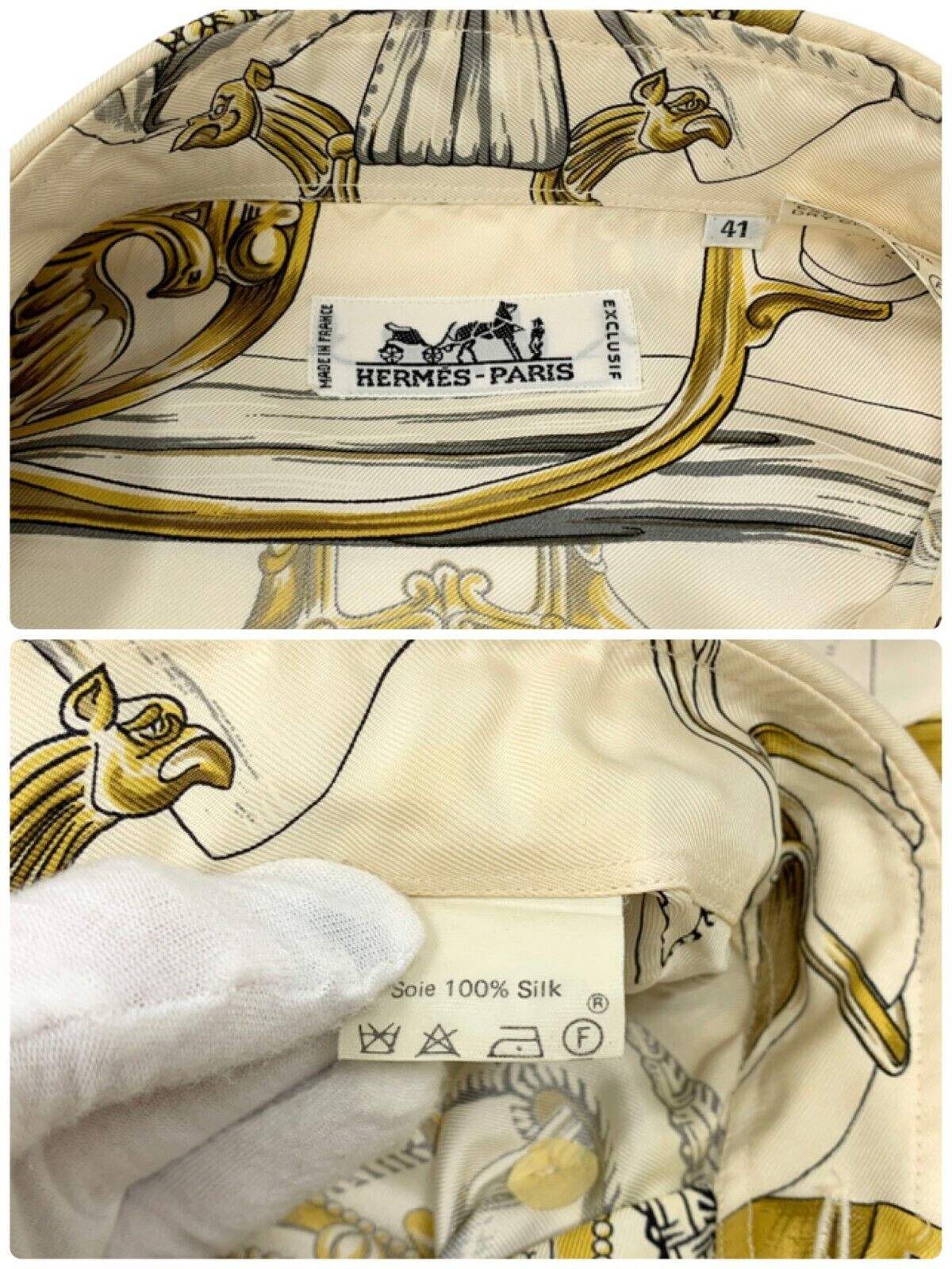 HERMES Vintage Logo Silk Shirts Tops Casual Shirts Serie #41 Ivory RankB