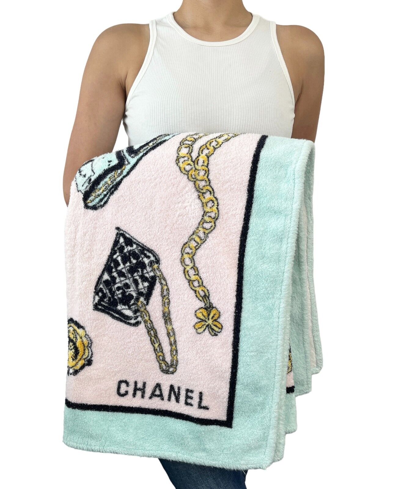 CHANEL Vintage Coco Mark Logo Beach Towel Terrycloth Multicolor Cotton RankAB