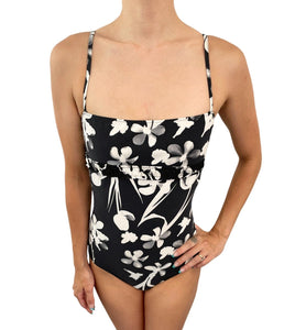 CHANEL Vintage 04S CC Camellia Flower Print Logo Swimsuits One Piece #36 Black