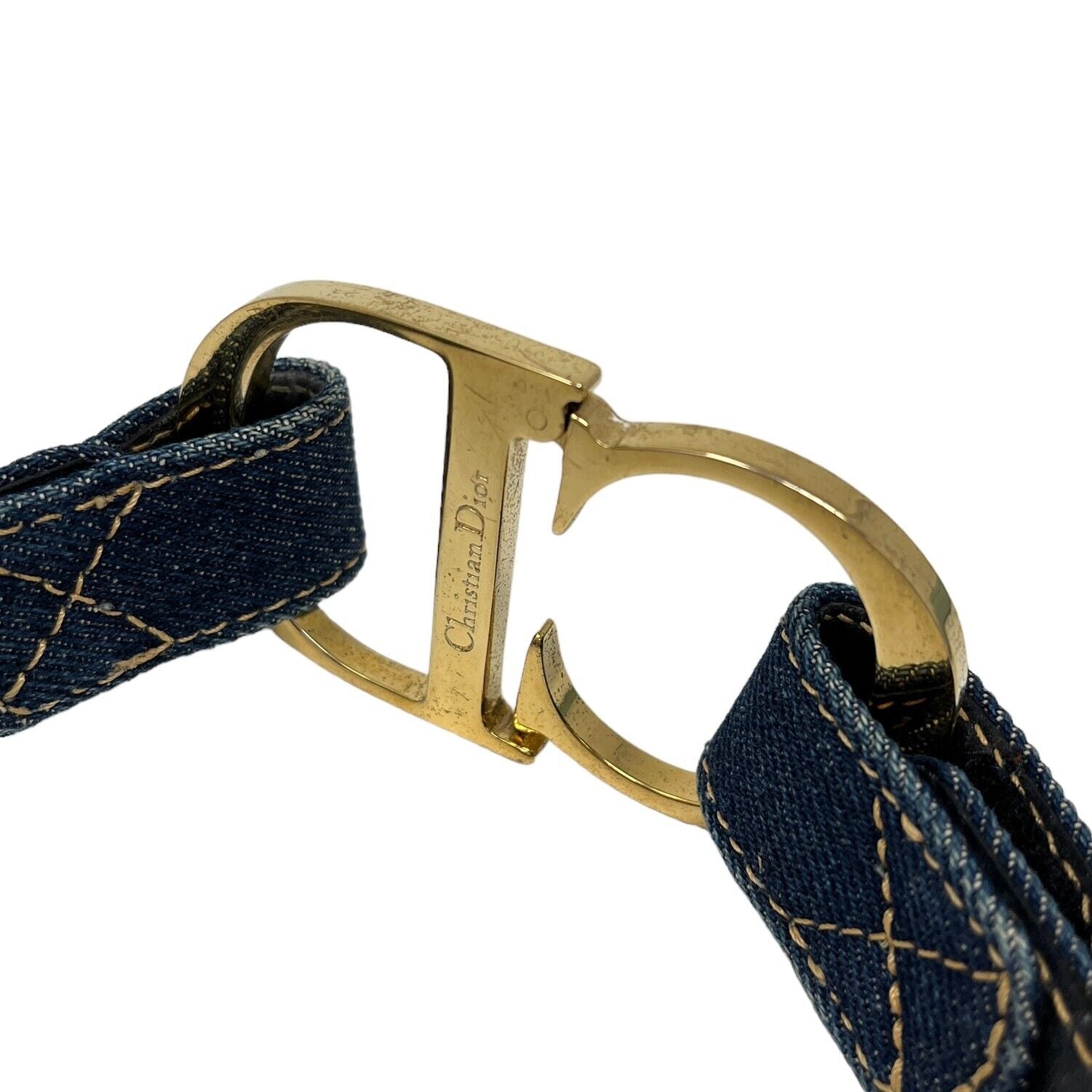 Christian Dior Vintage CD Logo Belt #M Denim Accessory Blue Gold Cotton Rank AB