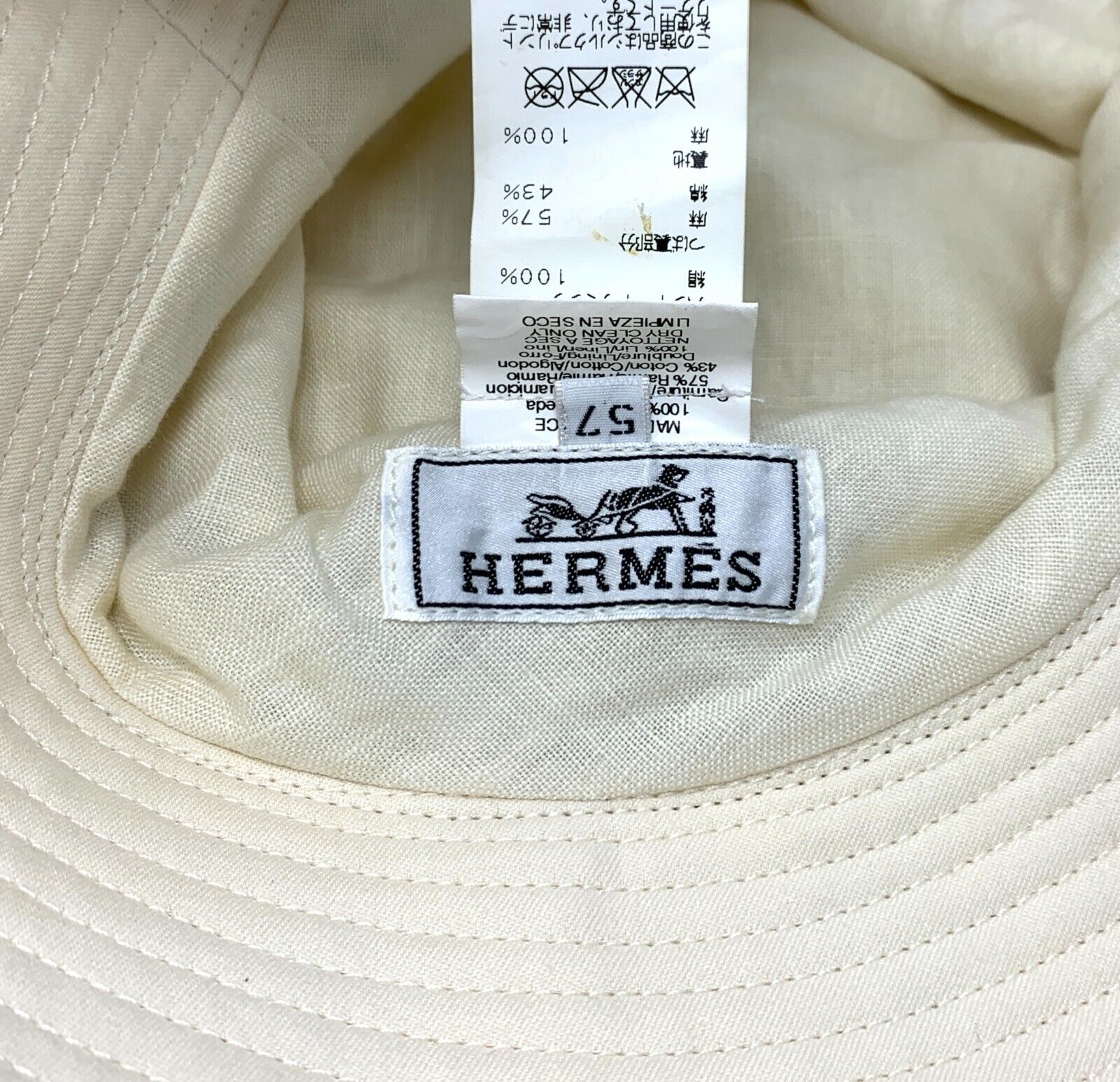 HERMES Vintage Logo Bucket Hat Accessories #57 Silk Beige Brown RankAB
