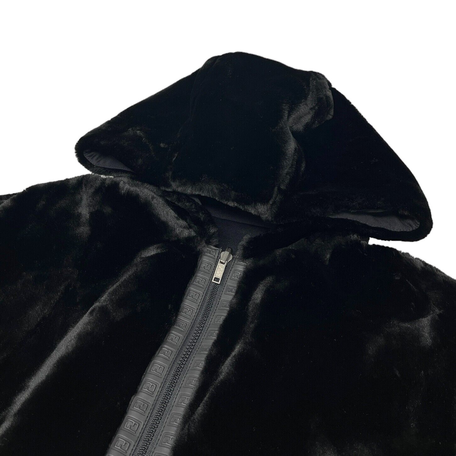FENDI Vintage FF Logo Reversible Coat Jacket #40 Hoodie Black Faux Fur Rank AB