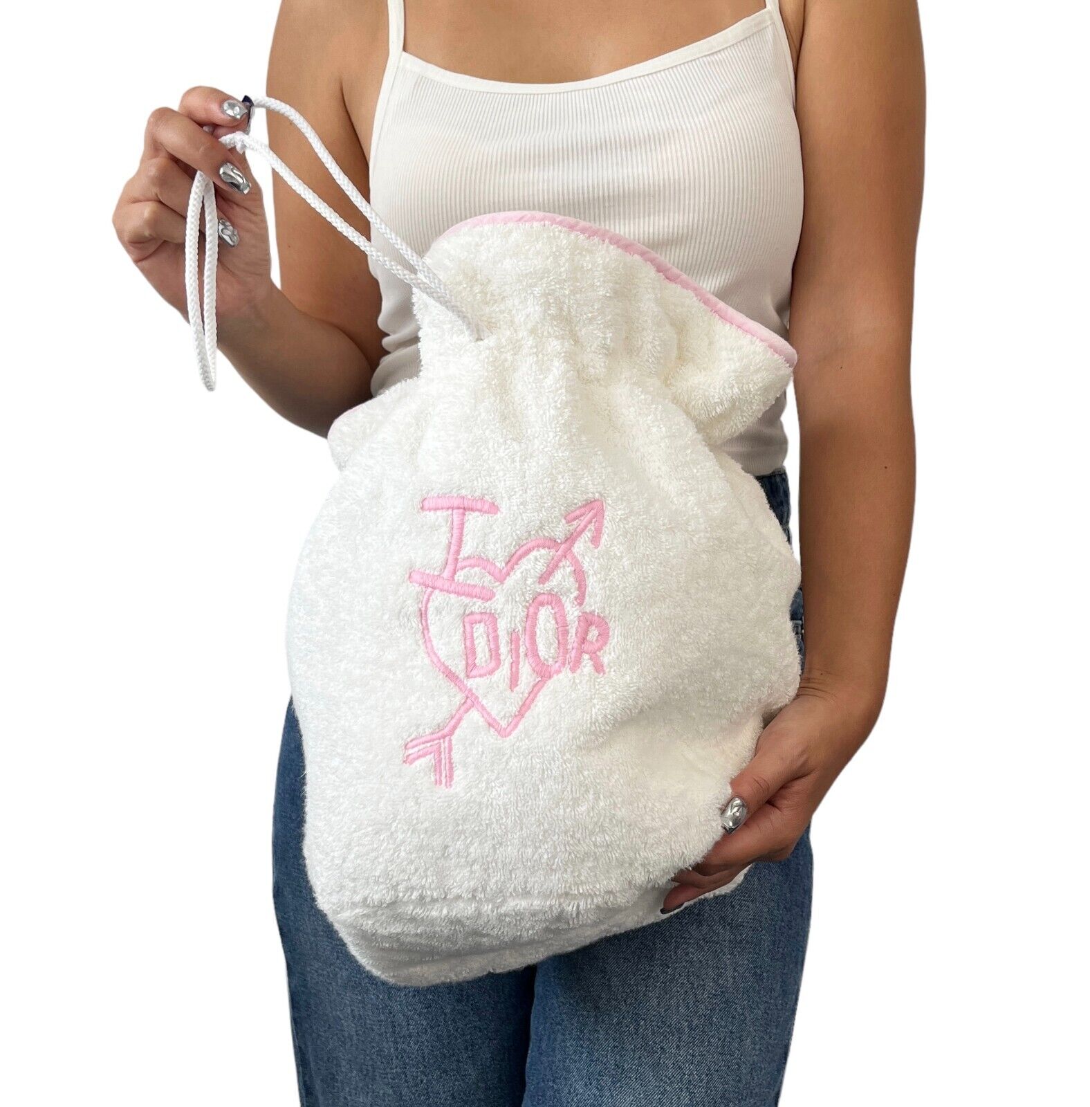 Dior Vintage Logo Drawstring Bag Terry Cloth White Heart Pink Cotton Rank AB