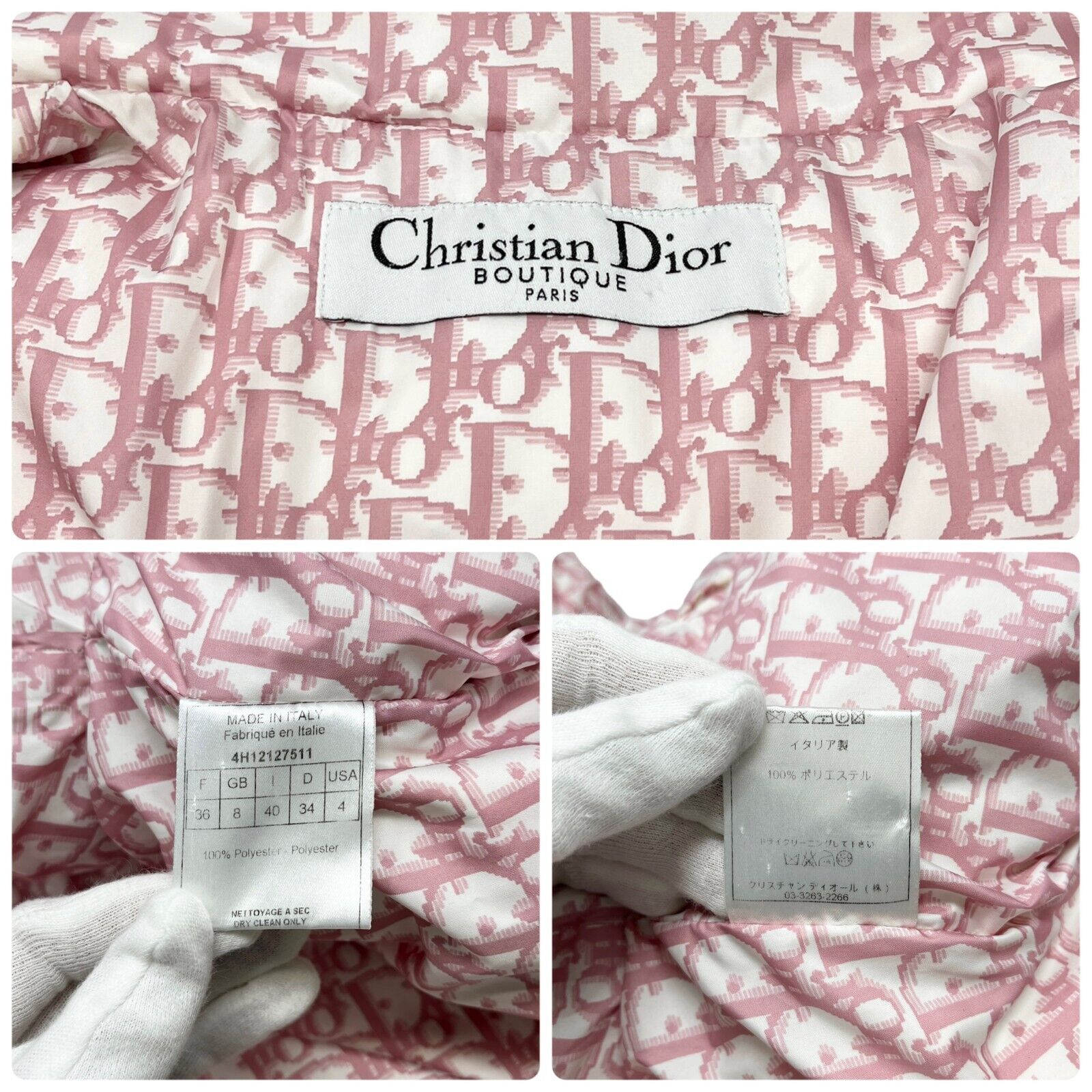 Christian Dior Vintage Trotter Monogram Puffer Jacket #36 Pink Polyester RankAB