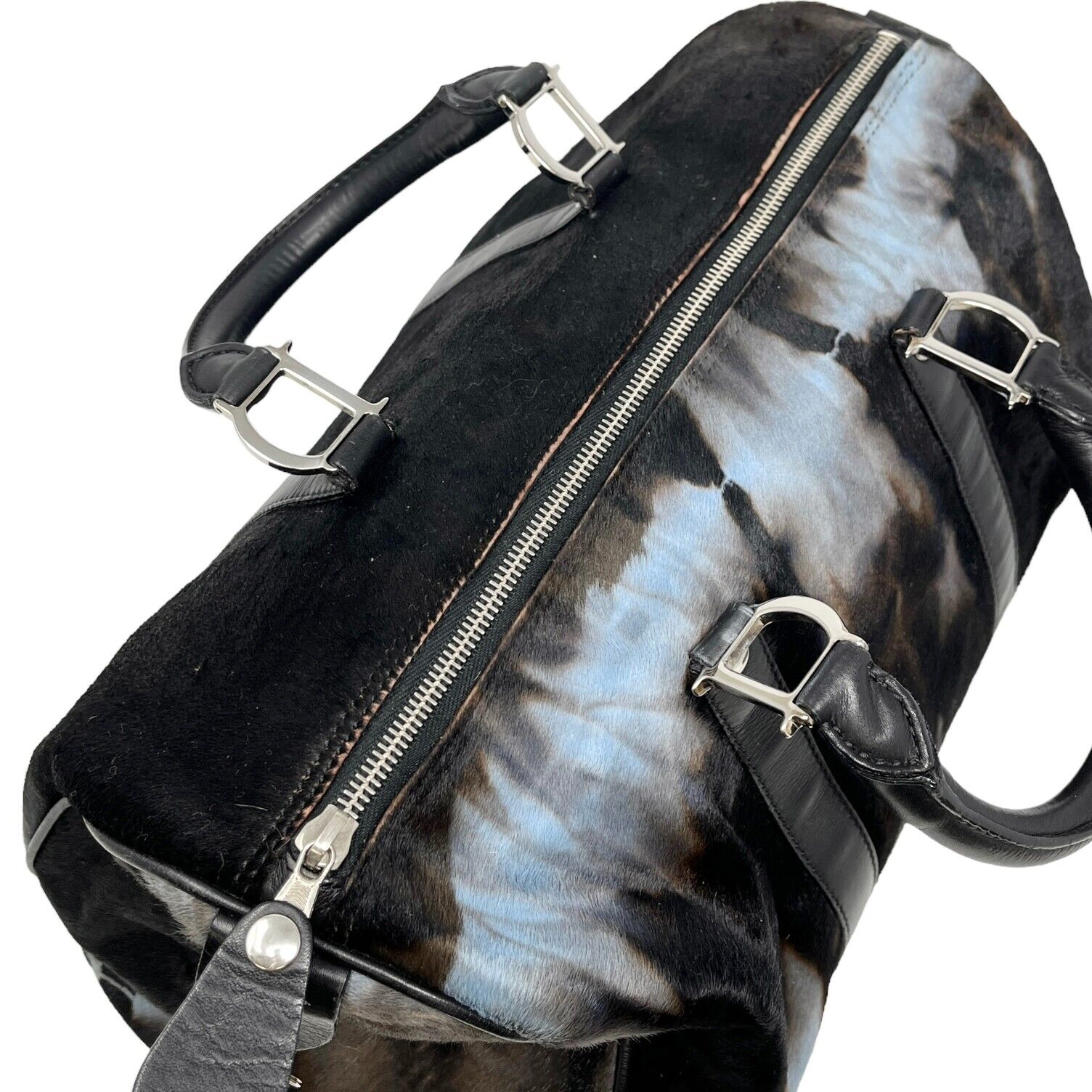 Christian Dior Vintage Logo Traveling Bag Tie Dye Black Blue Calf Hair Rank AB