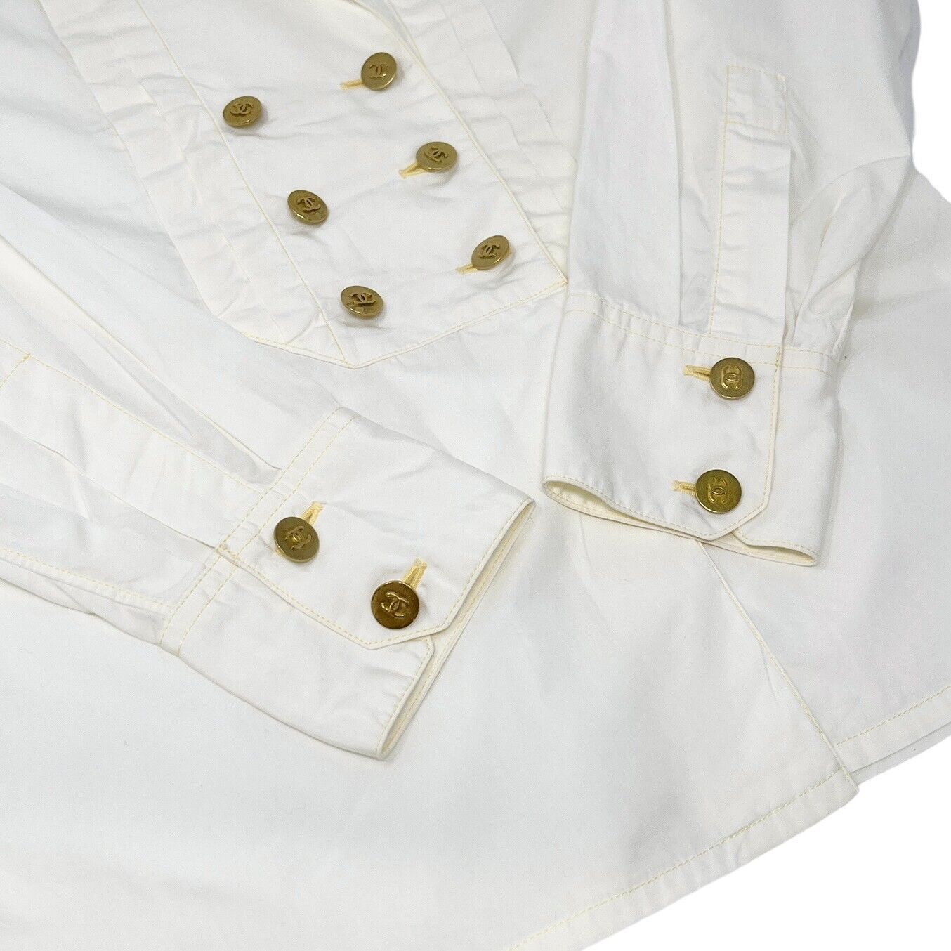 CHANEL Vintage CC Mark Logo Button Shirt Top Frill Cream Gold Cotton Rank AB
